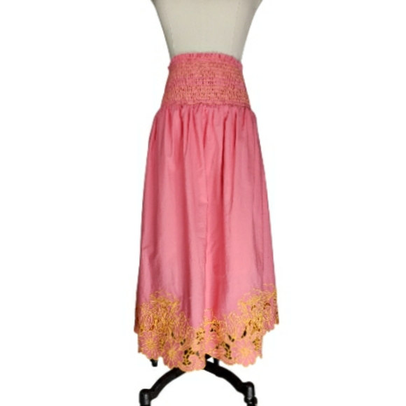 Anthropologie Smocked Waist Embroidered Cutwork Hem Maxi Skirt XL Tropical Vacay - Picture 4 of 15